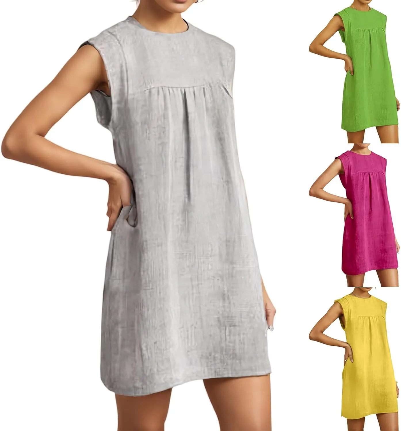 Kubbon Linen Dress Women Sleeveless T-Shirt Dress Casual Round Neck Mini Dresses Solid Color Loose Beach Sundress 2025