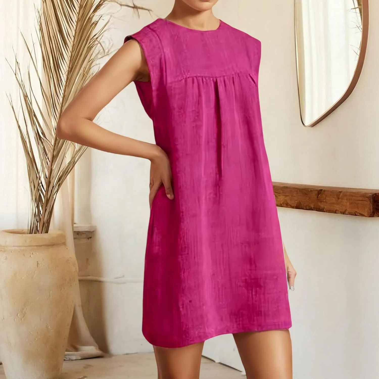 Kubbon Linen Dress Women Sleeveless T-Shirt Dress Casual Round Neck Mini Dresses Solid Color Loose Beach Sundress 2025