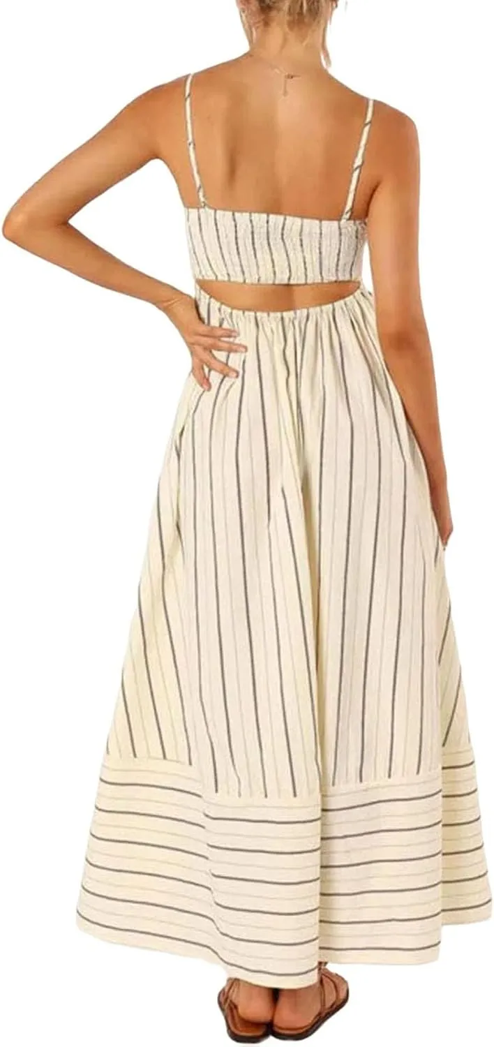 Kubbon Maxi Dress for Women Sleeveless Striped Sundress Spaghetti Strap Boho Long Dresses Flowy Swing Beach A Line Dress