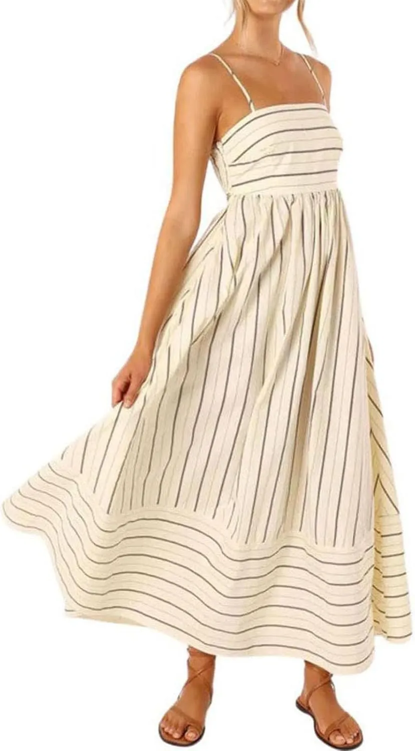 Kubbon Maxi Dress for Women Sleeveless Striped Sundress Spaghetti Strap Boho Long Dresses Flowy Swing Beach A Line Dress