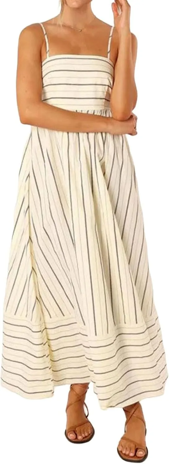 Kubbon Maxi Dress for Women Sleeveless Striped Sundress Spaghetti Strap Boho Long Dresses Flowy Swing Beach A Line Dress