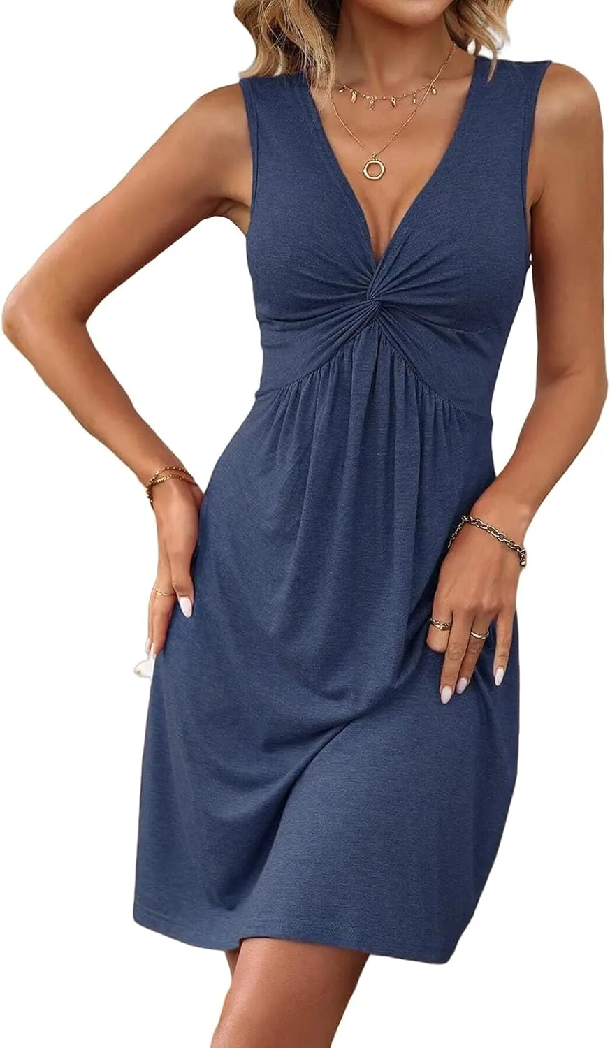 Kubbon Summer Dresses for Women Twist Front V Neck Ruffle Sleeveless Dress Solid Casual A Line Dress Vacation Outfits