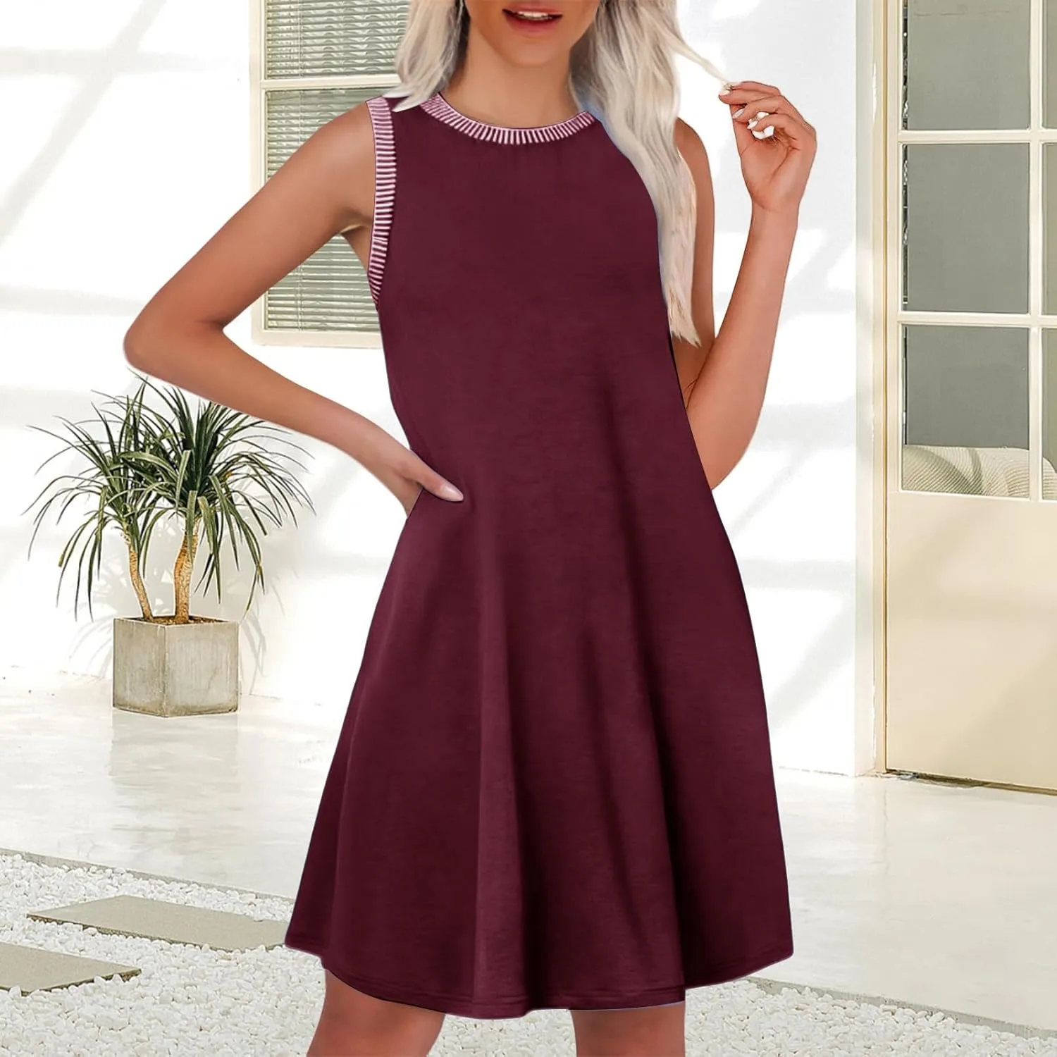 Kubbon Sundresses for Women Sleeveless Round Neck Tank Dresses Casual Loose Summer Mini Dress Flowy Travel Beach Dresses