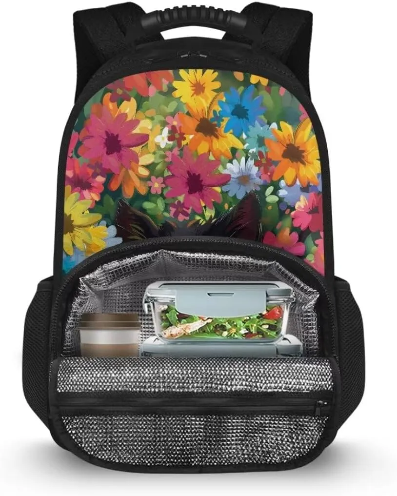 Kuiaobaty Black Cat Girls Backpack Meal Bag Cute Travel Backpack with Lunch Bag Insulated Lunch Backpack for Teacher's Work Casual Book Bag for Teens Meal Prep Lunch Box Gift for Daughter