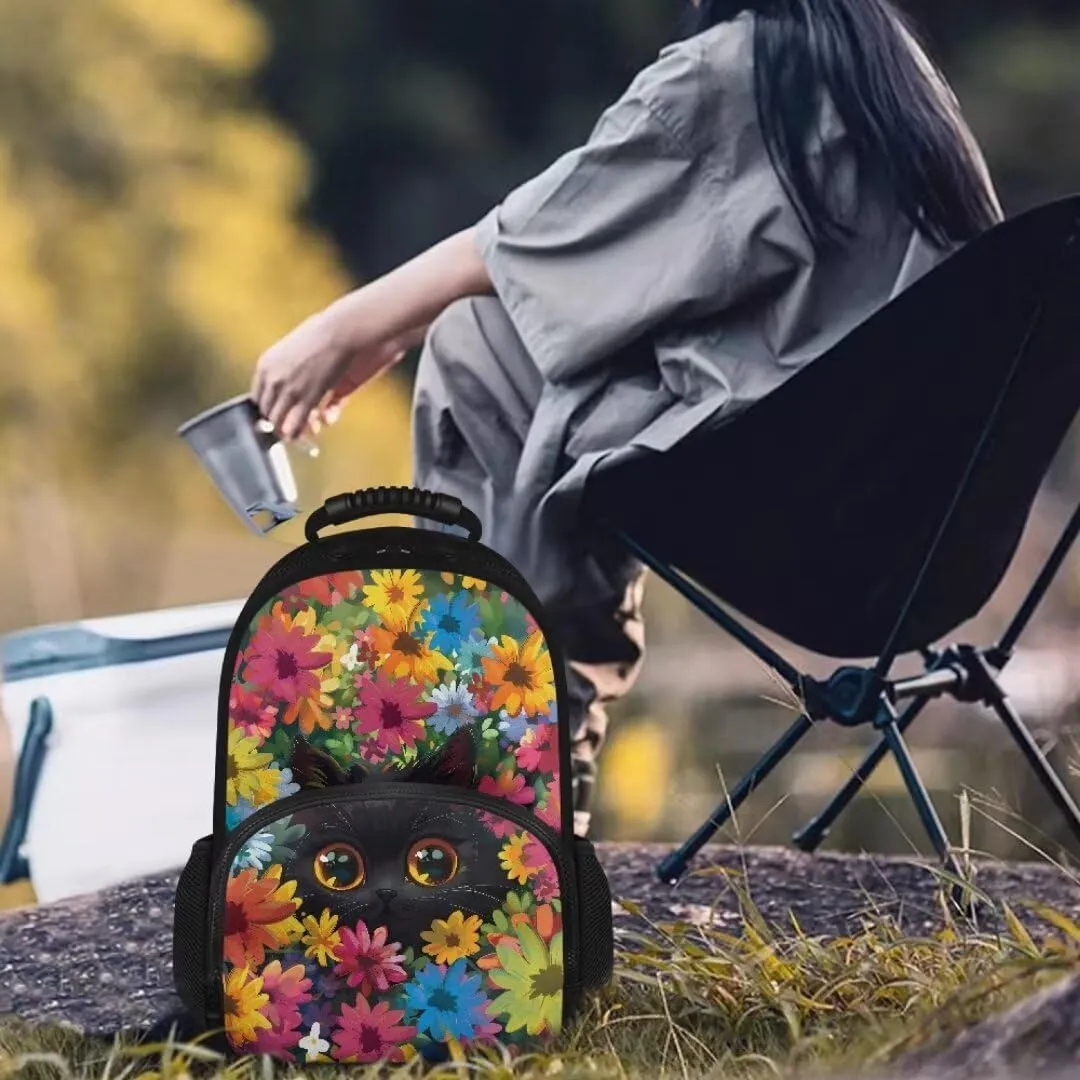 Kuiaobaty Black Cat Girls Backpack Meal Bag Cute Travel Backpack with Lunch Bag Insulated Lunch Backpack for Teacher's Work Casual Book Bag for Teens Meal Prep Lunch Box Gift for Daughter