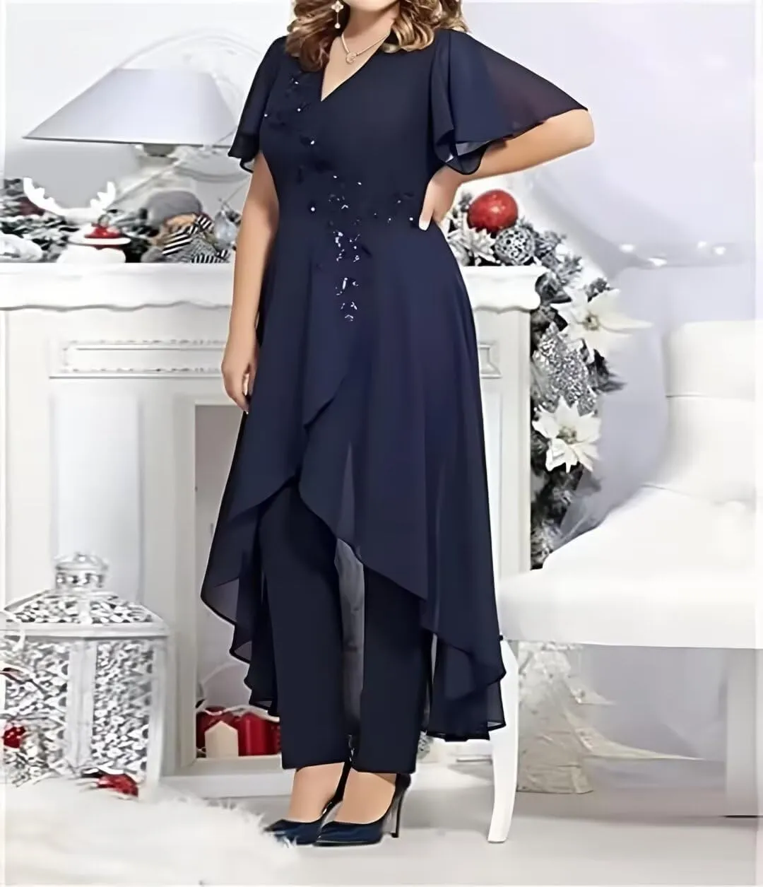 Lace Chiffon Mother of The Bride Pantsuits 2 Pieces Formal Pants Suits V Neck Mother of The Bride Dress