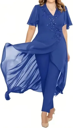 Lace Chiffon Mother of The Bride Pantsuits 2 Pieces Formal Pants Suits V Neck Mother of The Bride Dress