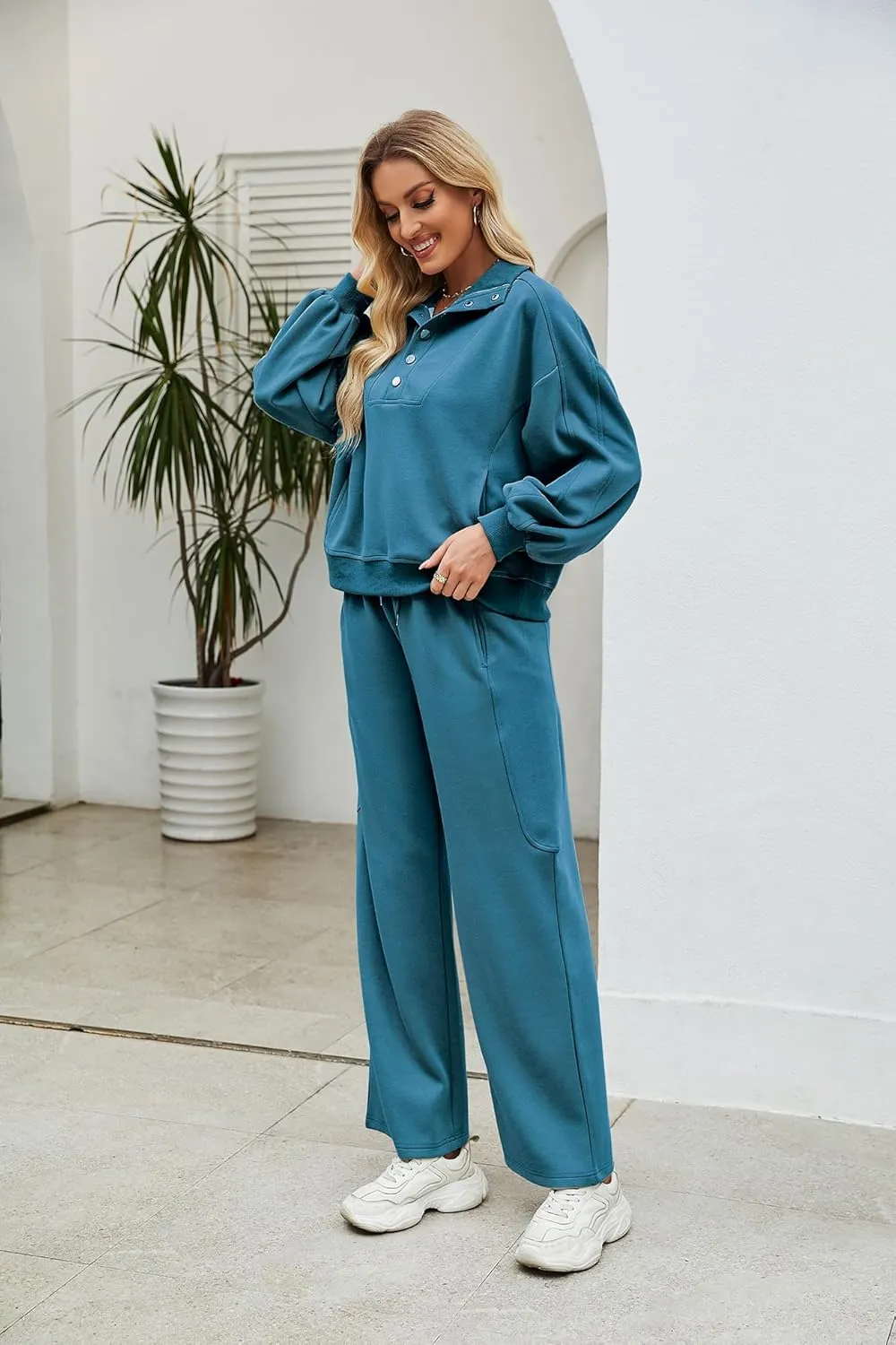 Ladyful Women 2 Piece Sweatsuit Outfits Oversized Long Sleeve Pullover and Wide Leg Drawstring Pants Lounge Sets Tracksuit