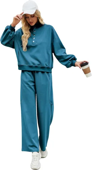 Ladyful Women 2 Piece Sweatsuit Outfits Oversized Long Sleeve Pullover and Wide Leg Drawstring Pants Lounge Sets Tracksuit