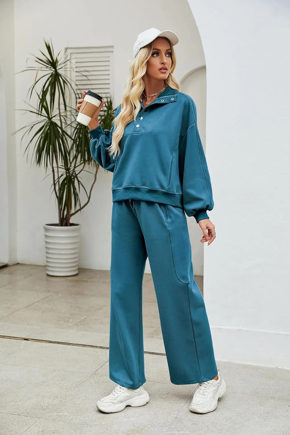 Ladyful Women 2 Piece Sweatsuit Outfits Oversized Long Sleeve Pullover and Wide Leg Drawstring Pants Lounge Sets Tracksuit