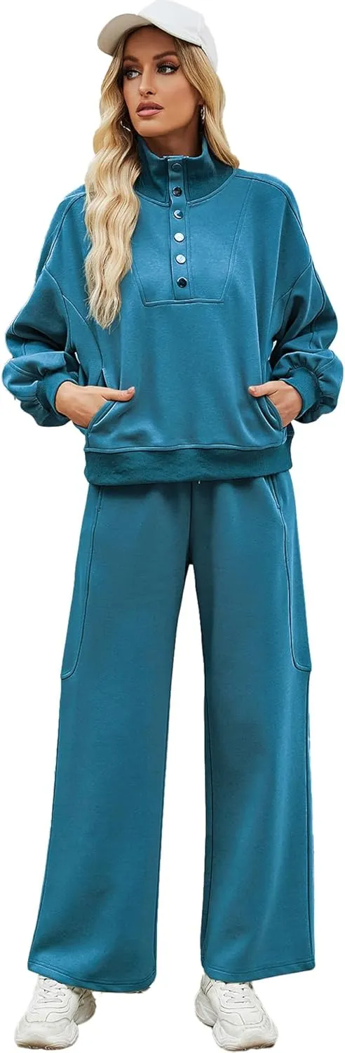 Ladyful Women 2 Piece Sweatsuit Outfits Oversized Long Sleeve Pullover and Wide Leg Drawstring Pants Lounge Sets Tracksuit