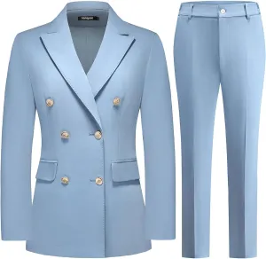 Lamgool Women Pants Suit Double Breasted 2 Piece Blazer Set Work Casual Jacket Outfits for Business