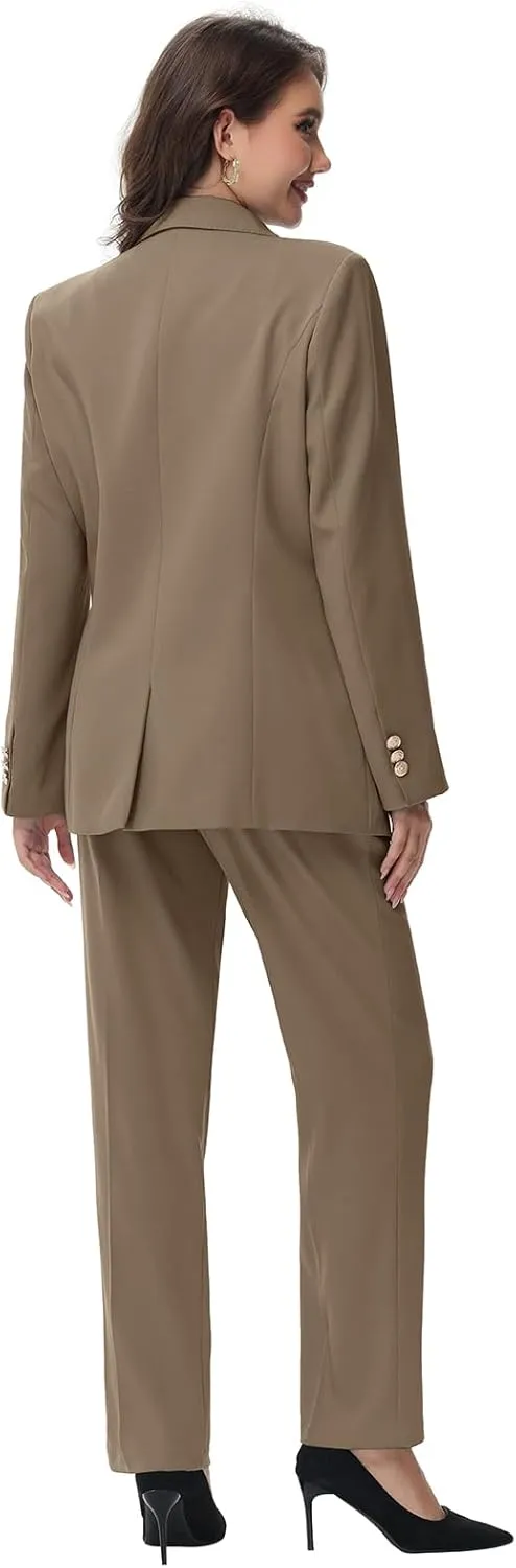 Lamgool Women Pants Suit Double Breasted 2 Piece Blazer Set Work Casual Jacket Outfits for Business
