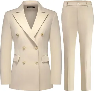 Lamgool Women Pants Suit Double Breasted 2 Piece Blazer Set Work Casual Jacket Outfits for Business
