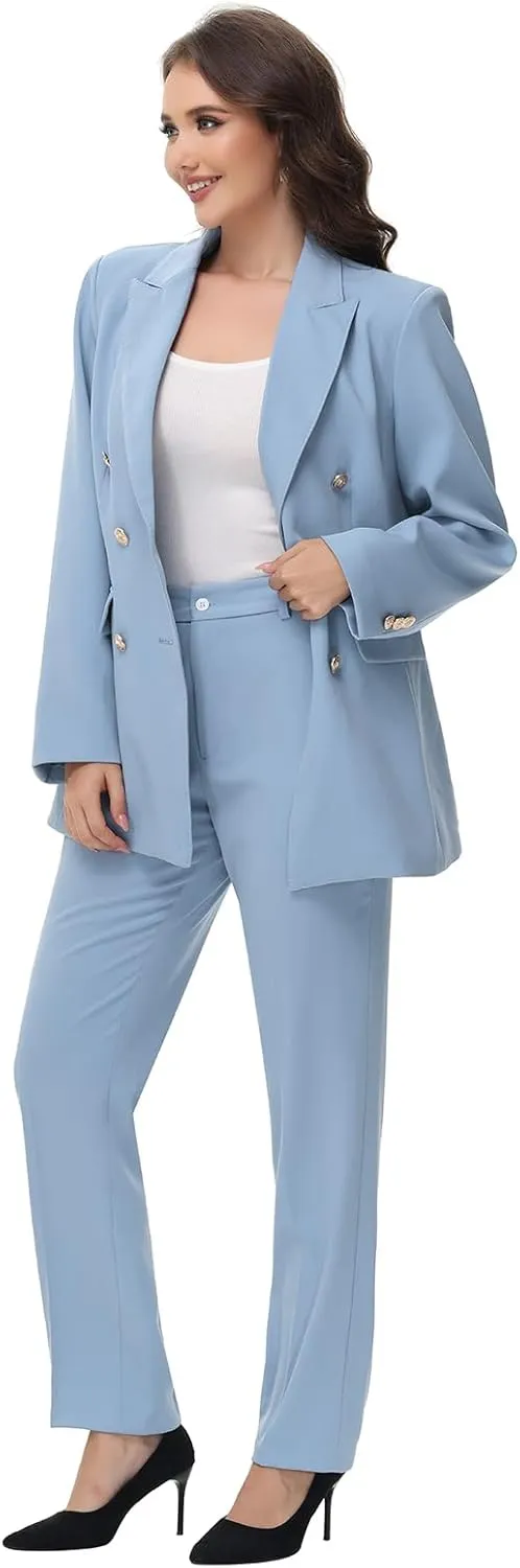 Lamgool Women Pants Suit Double Breasted 2 Piece Blazer Set Work Casual Jacket Outfits for Business