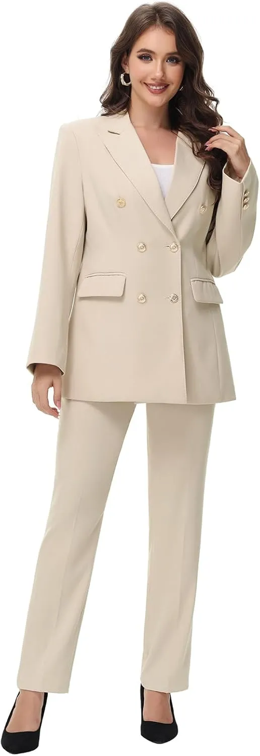 Lamgool Women Pants Suit Double Breasted 2 Piece Blazer Set Work Casual Jacket Outfits for Business