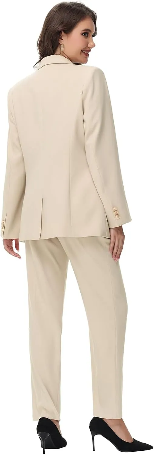 Lamgool Women Pants Suit Double Breasted 2 Piece Blazer Set Work Casual Jacket Outfits for Business