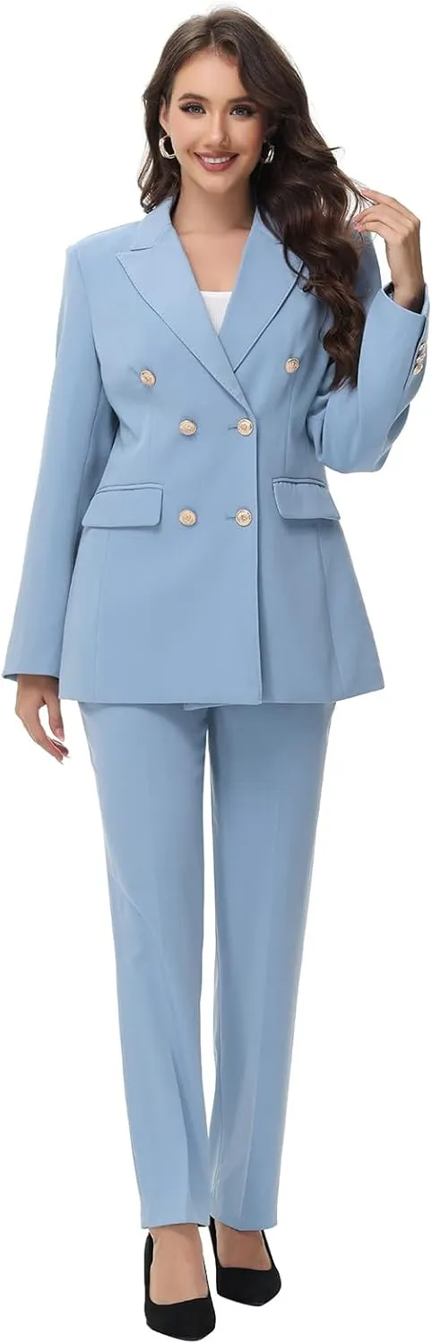 Lamgool Women Pants Suit Double Breasted 2 Piece Blazer Set Work Casual Jacket Outfits for Business