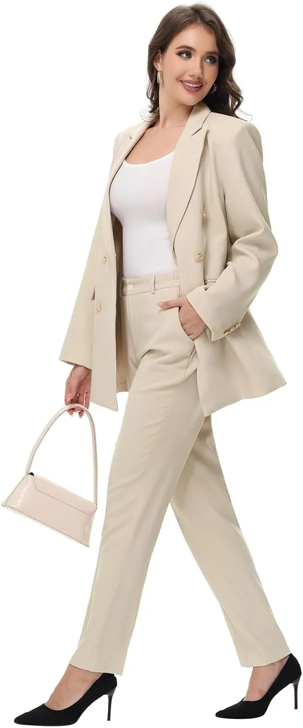 Lamgool Women Pants Suit Double Breasted 2 Piece Blazer Set Work Casual Jacket Outfits for Business