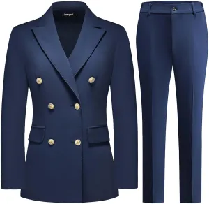 Lamgool Women Pants Suit Double Breasted 2 Piece Blazer Set Work Casual Jacket Outfits for Business