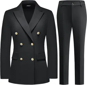 Lamgool Women Pants Suit Double Breasted 2 Piece Blazer Set Work Casual Jacket Outfits for Business