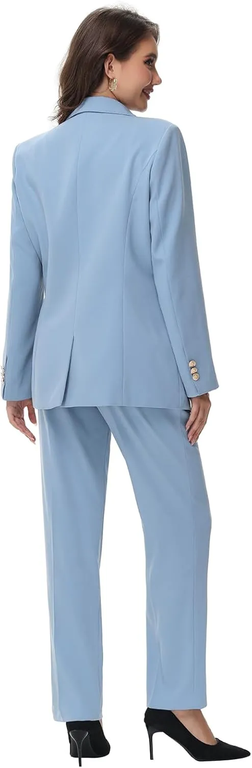 Lamgool Women Pants Suit Double Breasted 2 Piece Blazer Set Work Casual Jacket Outfits for Business