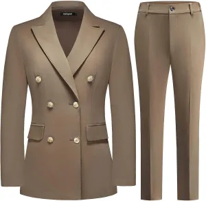 Lamgool Women Pants Suit Double Breasted 2 Piece Blazer Set Work Casual Jacket Outfits for Business