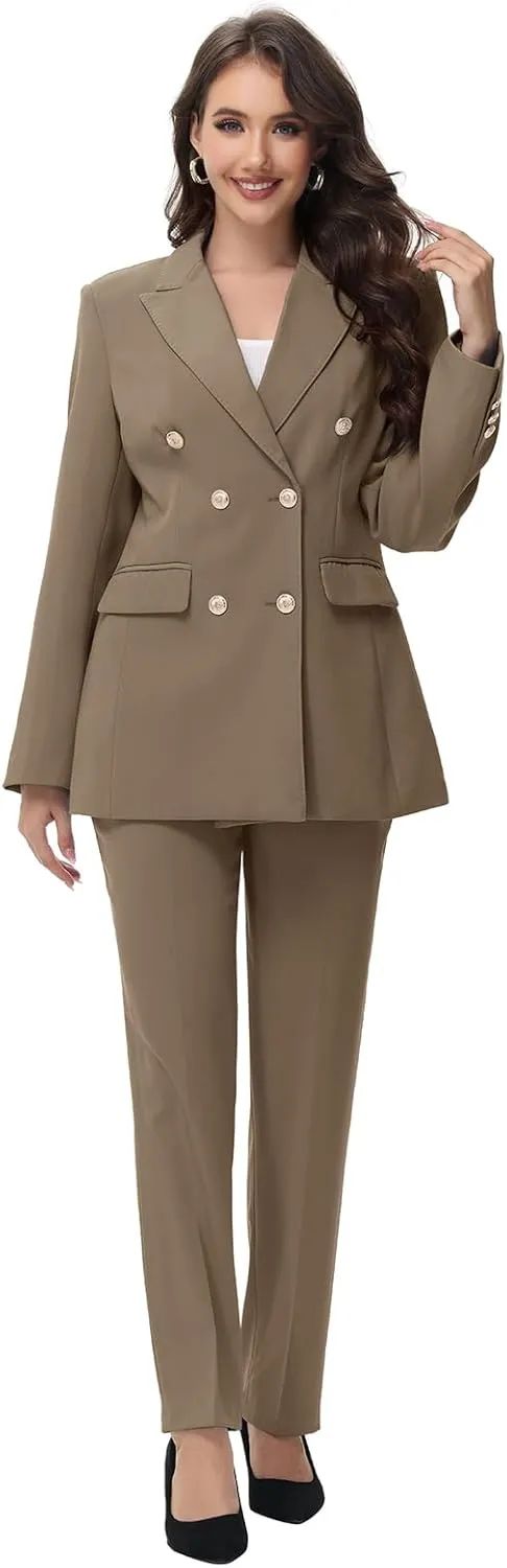 Lamgool Women Pants Suit Double Breasted 2 Piece Blazer Set Work Casual Jacket Outfits for Business