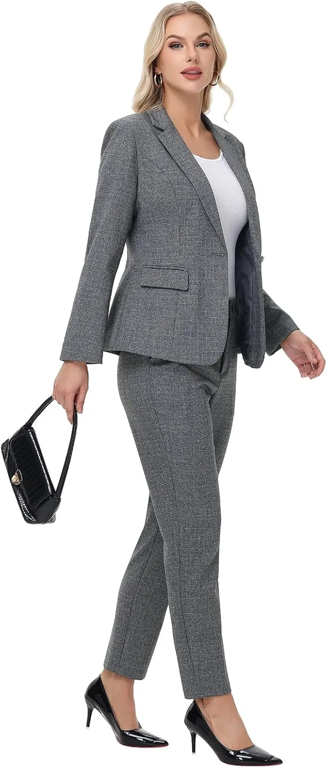 Lamgool Women's Suit Set 2 Piece Business Office Notch Lapel One Button Blazer and Pant Suit for Work