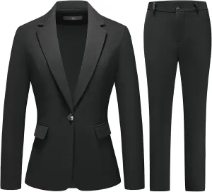 Lamgool Women's Suit Set 2 Piece Business Office Notch Lapel One Button Blazer and Pant Suit for Work