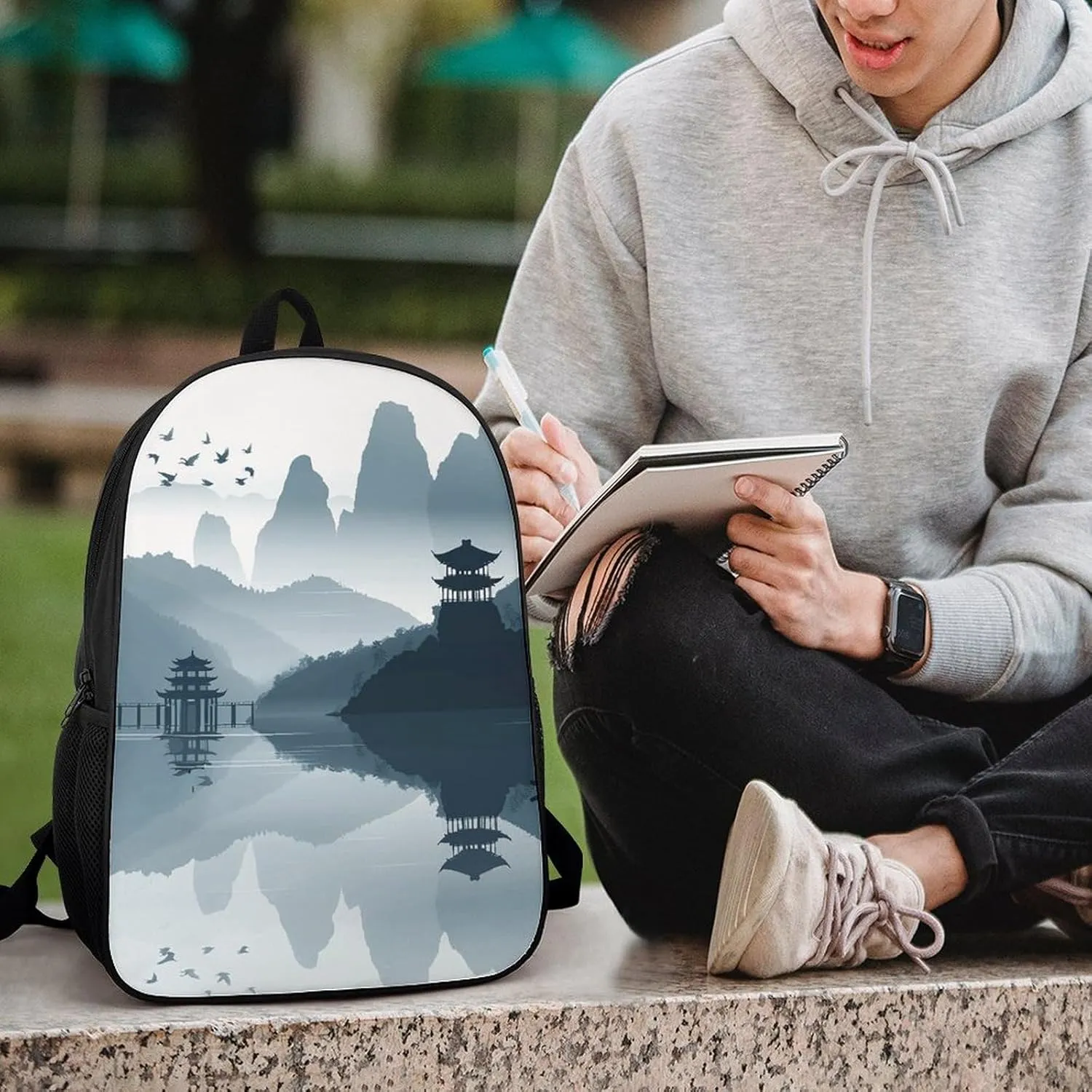 Laptop Backpack for Men 17 Inch Chinese Style Landscape Work Casual Backpack Lightweight Travel Shoulder Bag