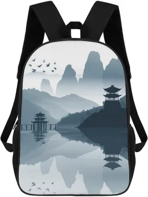 Laptop Backpack for Men 17 Inch Chinese Style Landscape Work Casual Backpack Lightweight Travel Shoulder Bag