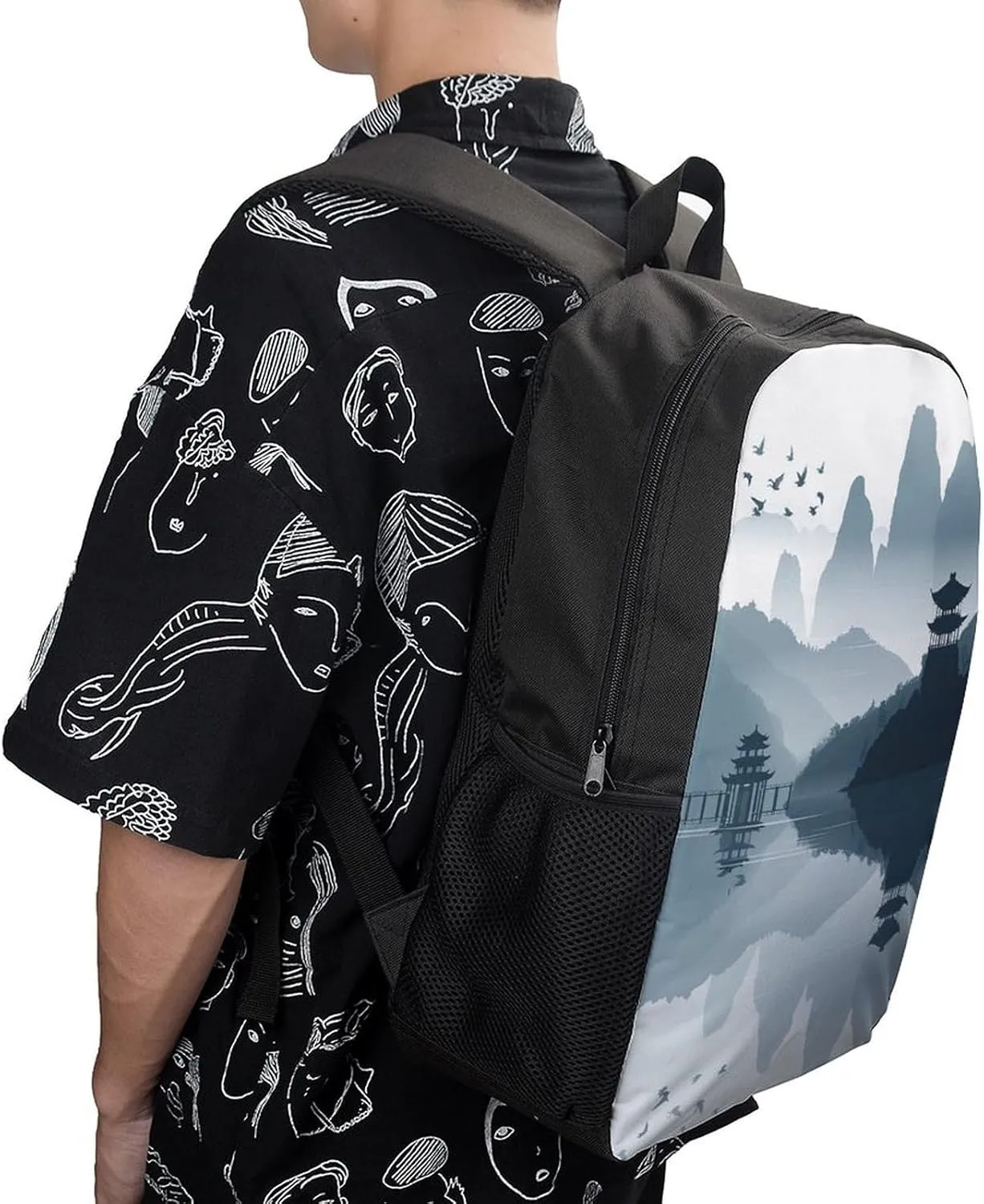 Laptop Backpack for Men 17 Inch Chinese Style Landscape Work Casual Backpack Lightweight Travel Shoulder Bag