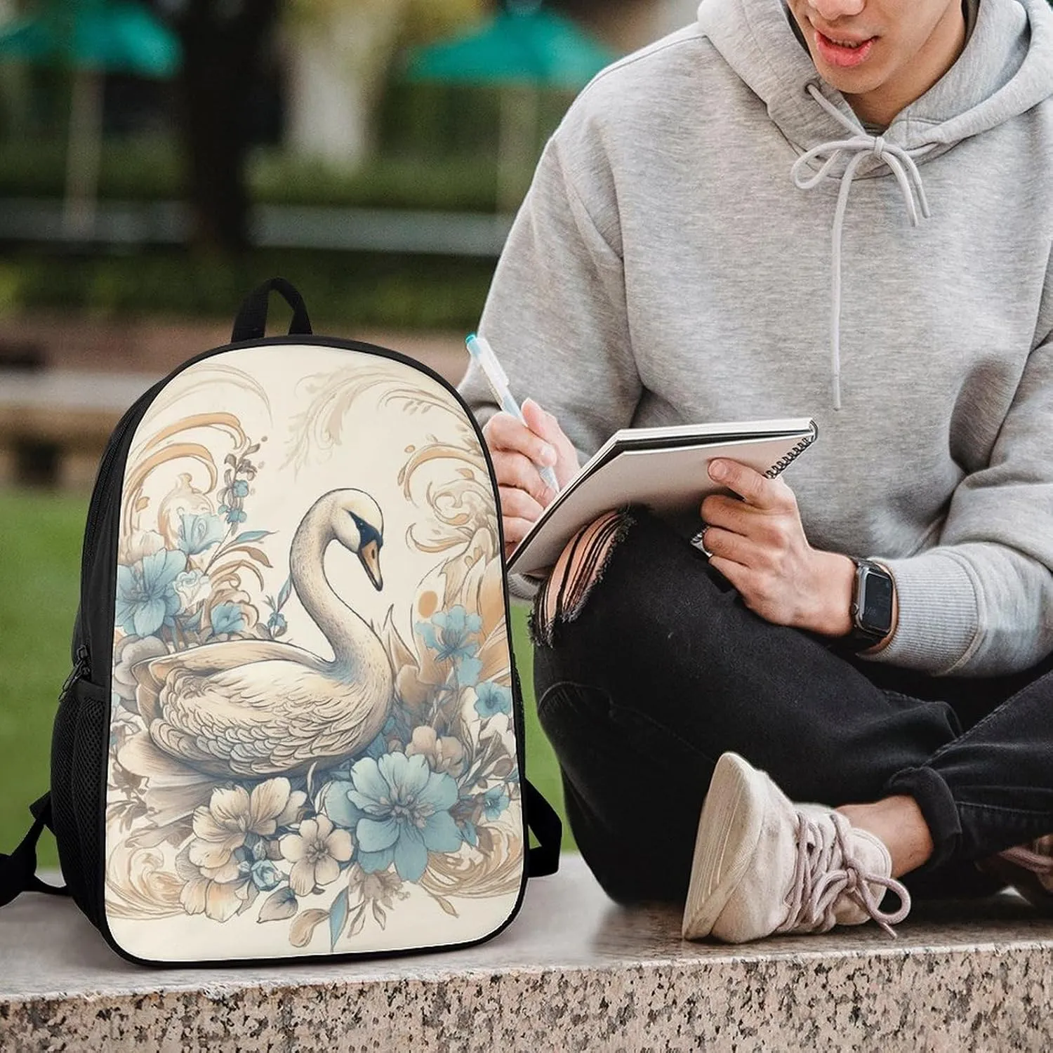 Laptop Backpack for Men 17 Inch Flowers And Swans Work Casual Backpack Lightweight Travel Shoulder Bag