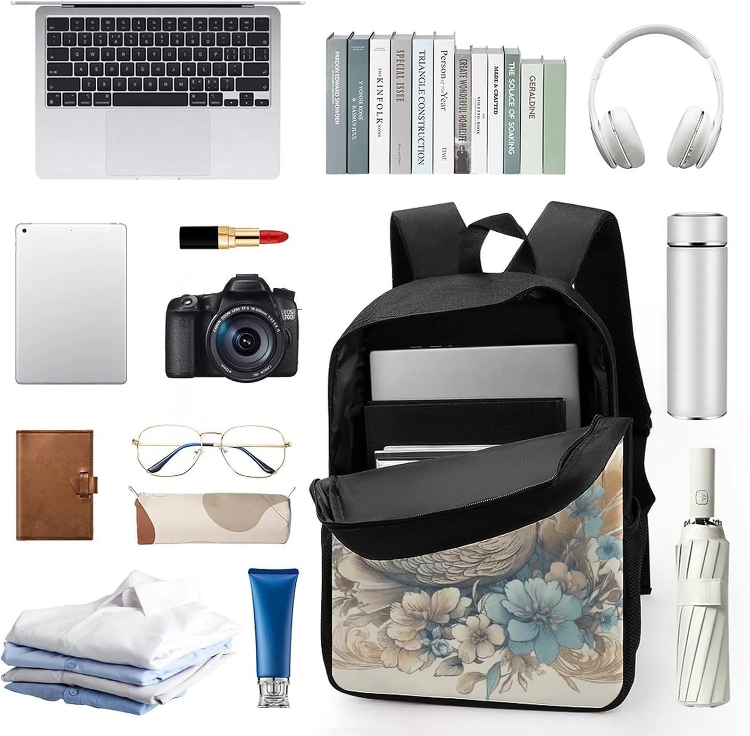 Laptop Backpack for Men 17 Inch Flowers And Swans Work Casual Backpack Lightweight Travel Shoulder Bag
