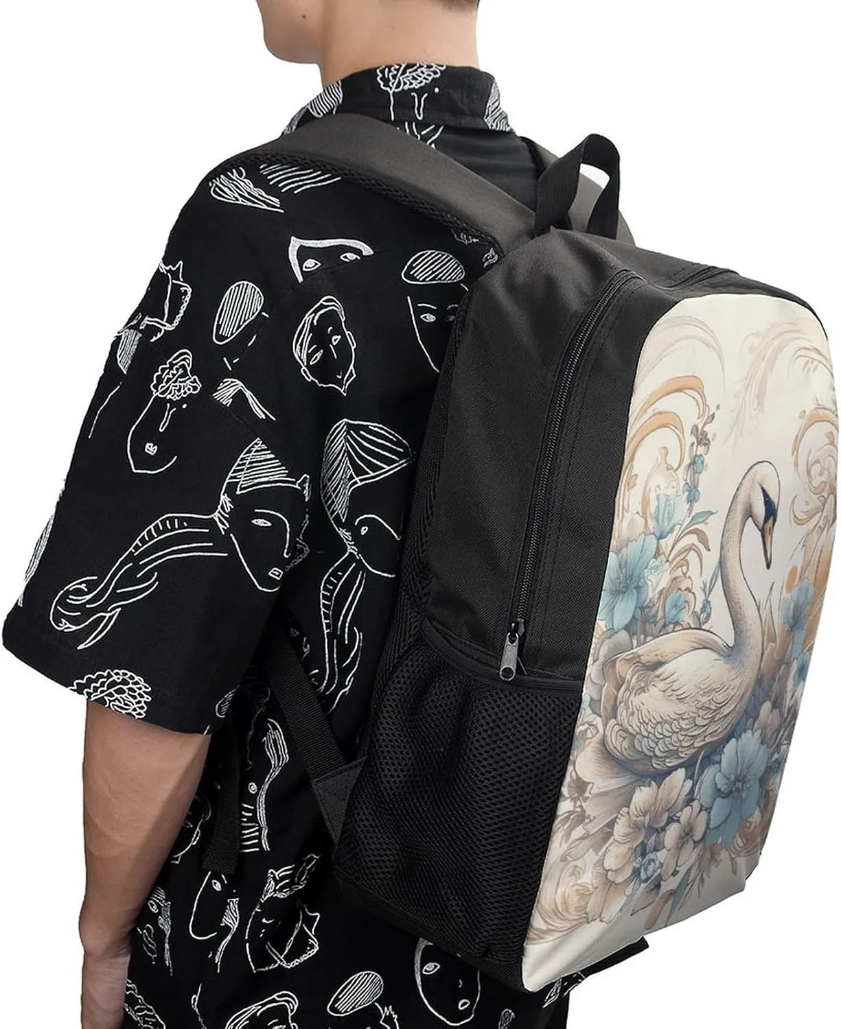 Laptop Backpack for Men 17 Inch Flowers And Swans Work Casual Backpack Lightweight Travel Shoulder Bag