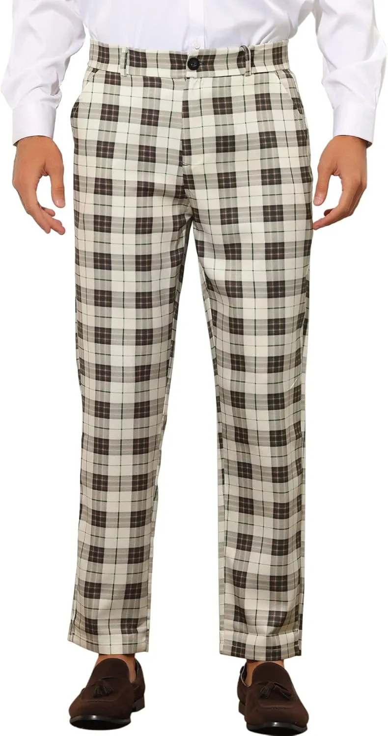 Lars Amadeus Plaid Suit Pants for Men's Straight Fit Casual Checked Pattern Trousers