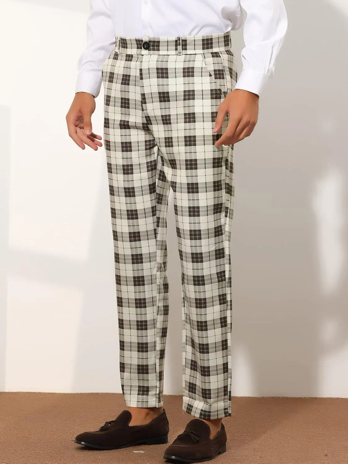 Lars Amadeus Plaid Suit Pants for Men's Straight Fit Casual Checked Pattern Trousers