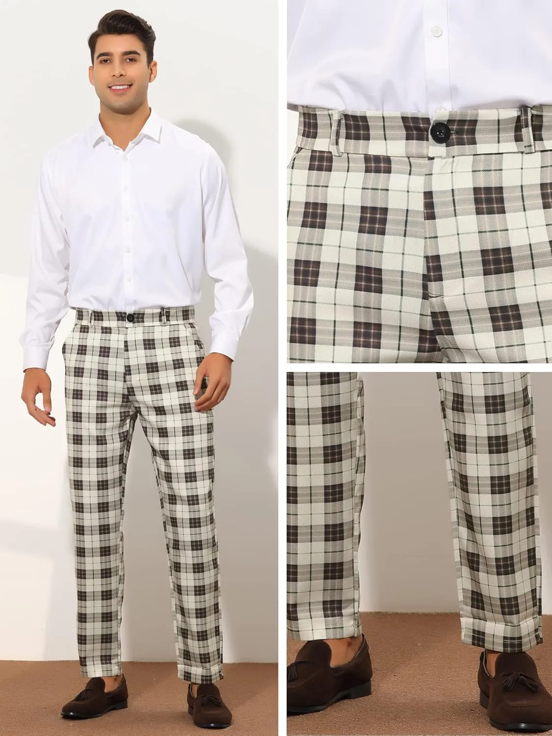 Lars Amadeus Plaid Suit Pants for Men's Straight Fit Casual Checked Pattern Trousers