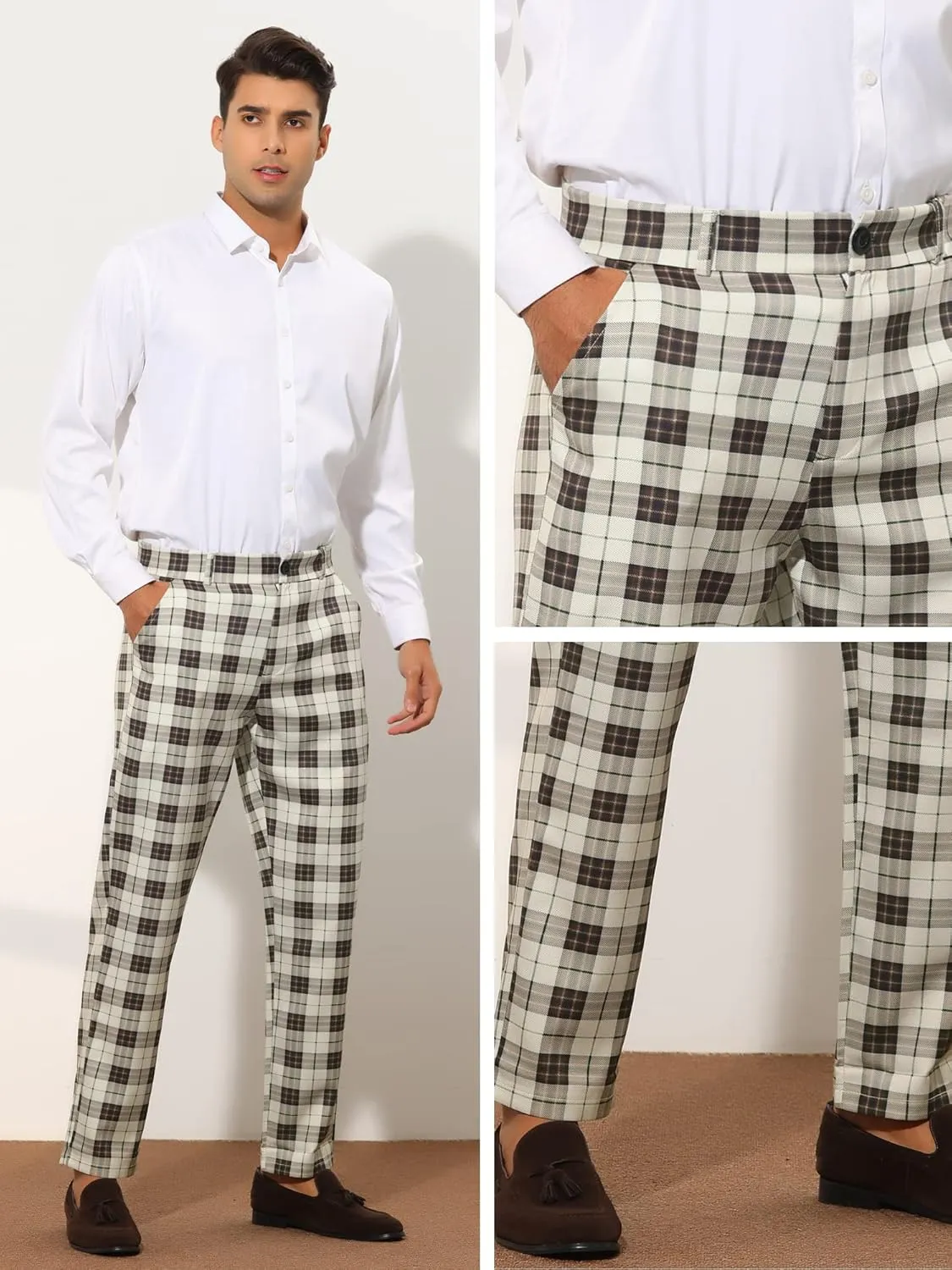 Lars Amadeus Plaid Suit Pants for Men's Straight Fit Casual Checked Pattern Trousers