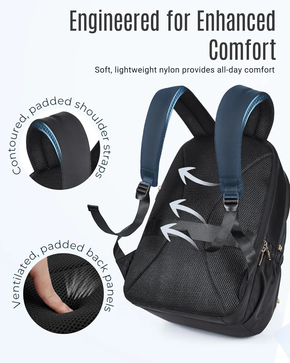 LIGHT FLIGHT Travel Backpack for Women, 15.6" Laptop Backpack with USB Charging Hole, Water Resistant, Large Capacity, Black Daypack for College, Work, Casual Computer Bags, Blue