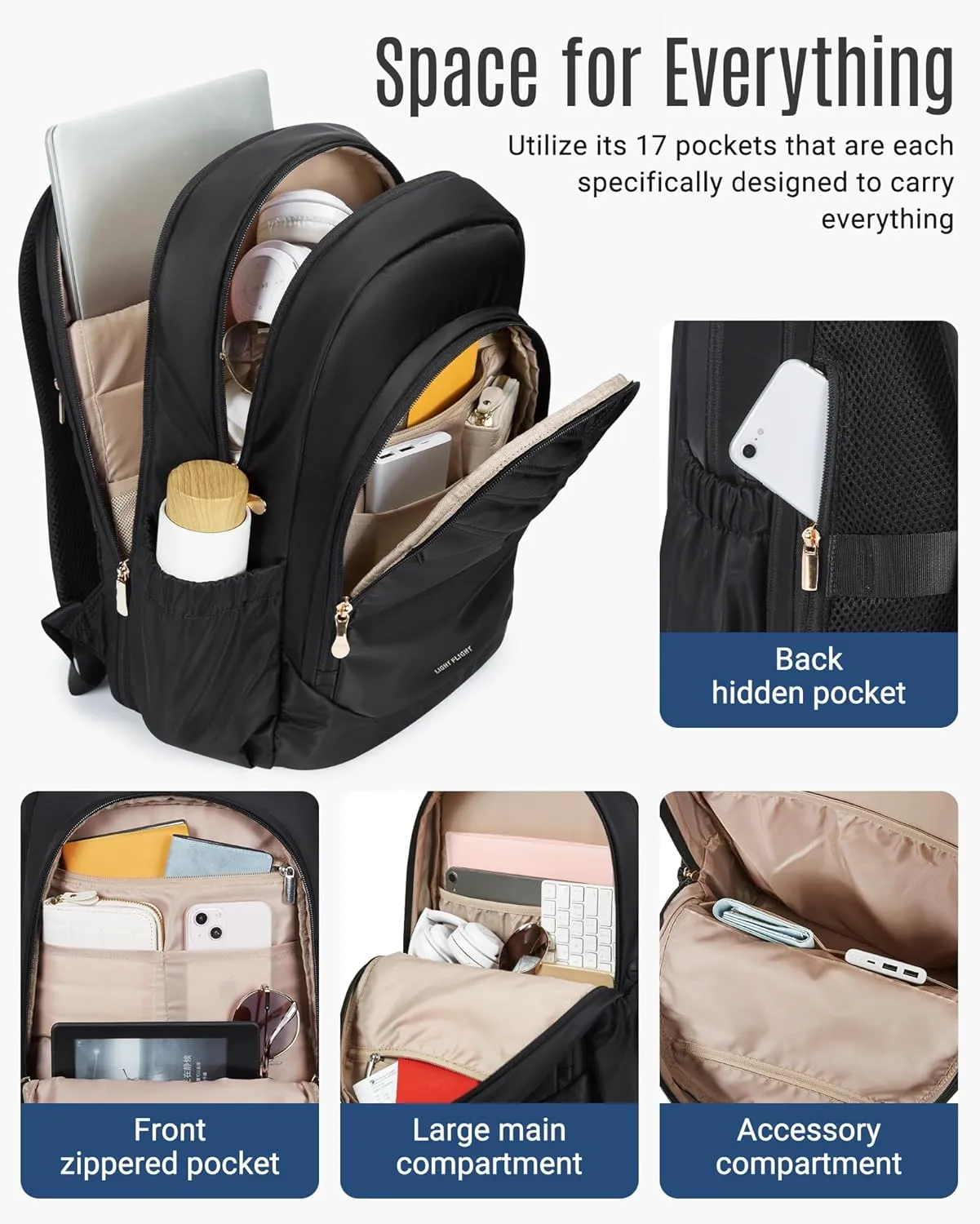 LIGHT FLIGHT Travel Backpack for Women, 15.6" Laptop Backpack with USB Charging Hole, Water Resistant, Large Capacity, Black Daypack for College, Work, Casual Computer Bags, Blue