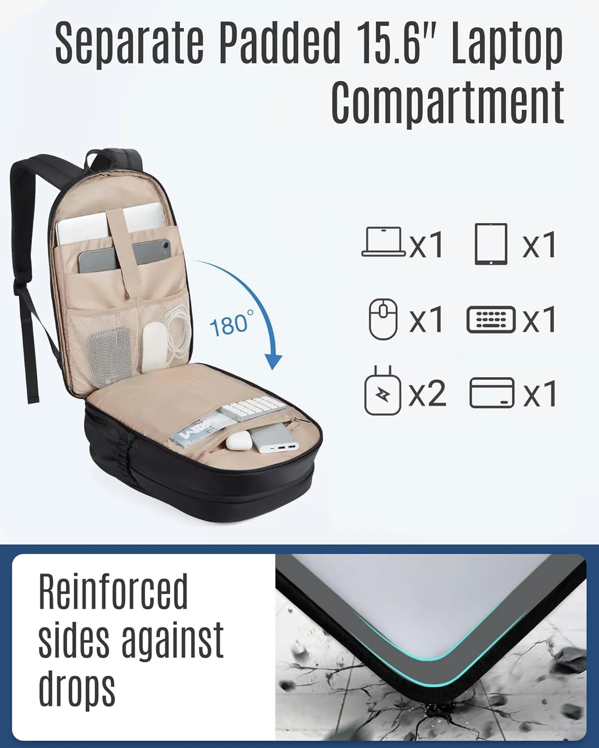 LIGHT FLIGHT Travel Backpack for Women, 15.6" Laptop Backpack with USB Charging Hole, Water Resistant, Large Capacity, Black Daypack for College, Work, Casual Computer Bags, Blue