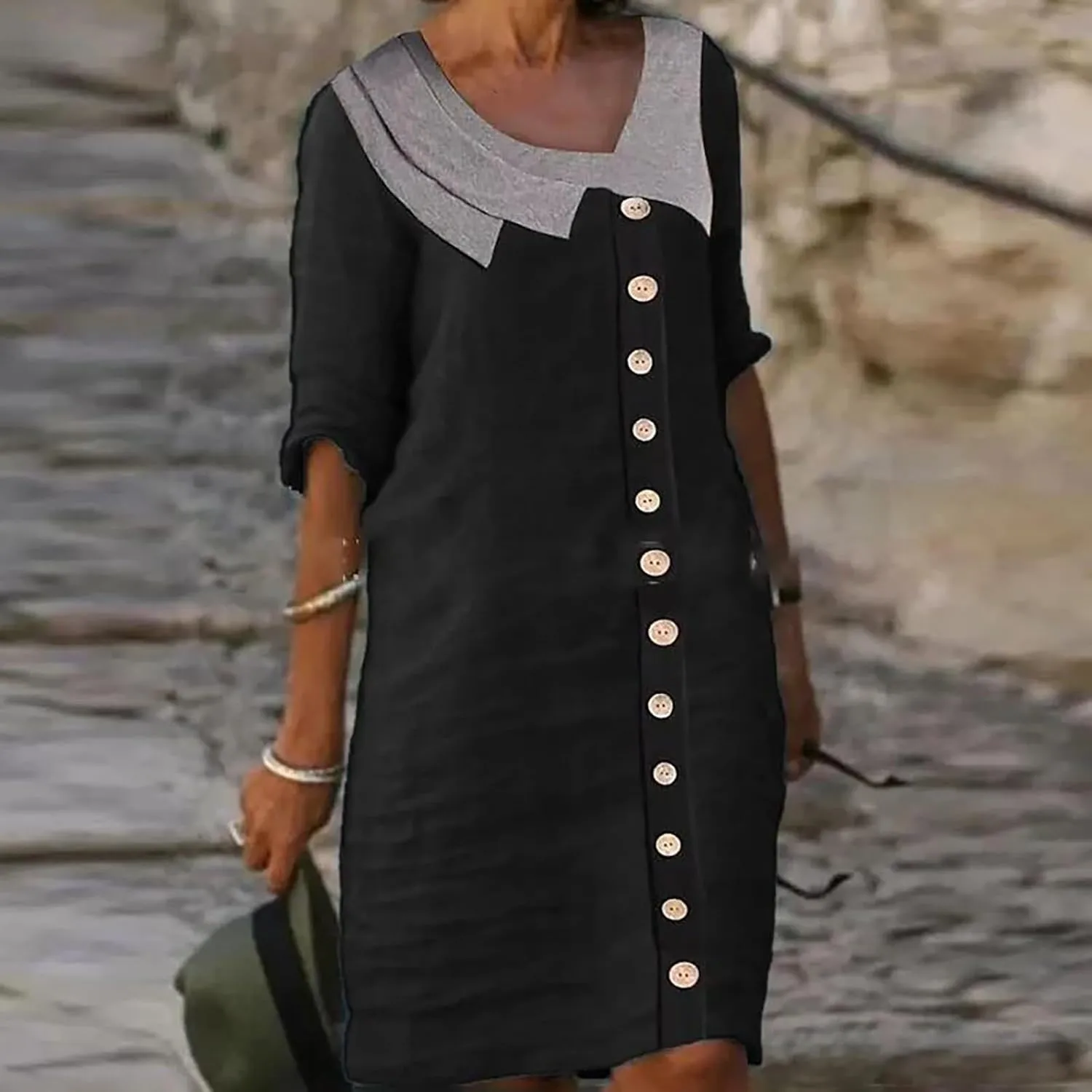 Linen Dress Women Short Sleeve V Neck Midi Dresses Summer Casual Cotton Linen Dress Solid Dress Vintage Beachwear