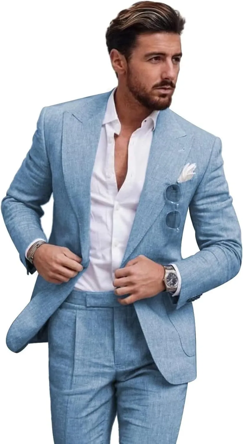Linen Suit for Men 2 Pieces Slim Fit Casual Suits Groomsmen Tuxedos Wedding Party Blazer Pants Set