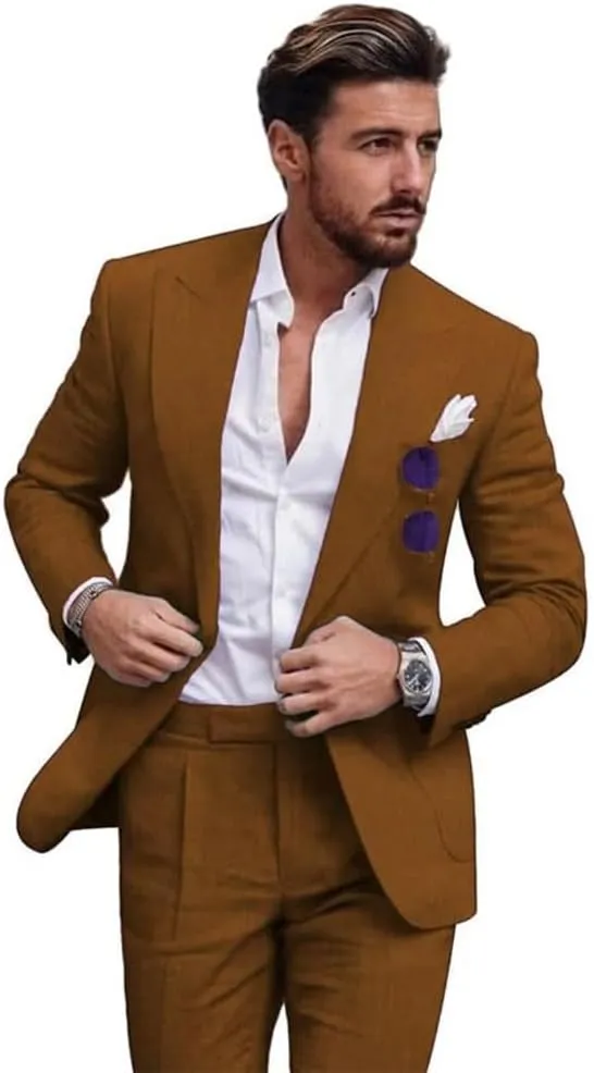 Linen Suit for Men 2 Pieces Slim Fit Casual Suits Groomsmen Tuxedos Wedding Party Blazer Pants Set