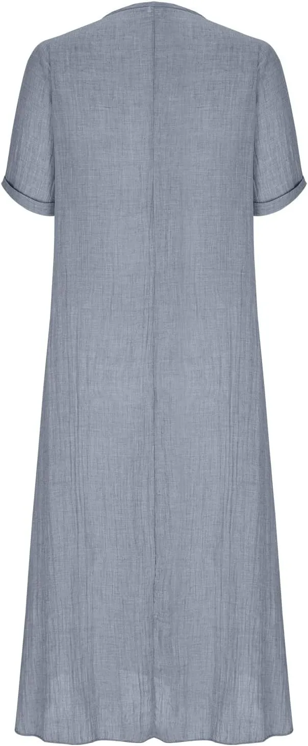 Lmdudan Summer Beach Sundress for Women Short Sleeve V Neck Cotton Linen Dress 2024 Trendy Solid Color Vacation Maxi Dresses