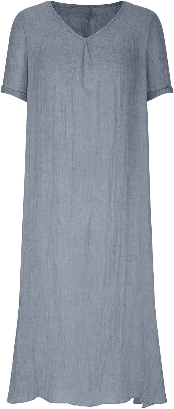 Lmdudan Summer Beach Sundress for Women Short Sleeve V Neck Cotton Linen Dress 2024 Trendy Solid Color Vacation Maxi Dresses