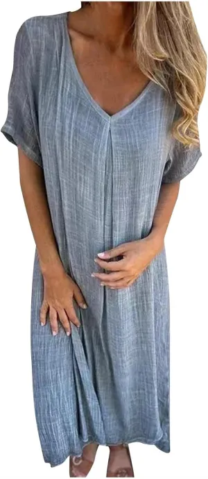 Lmdudan Summer Beach Sundress for Women Short Sleeve V Neck Cotton Linen Dress 2024 Trendy Solid Color Vacation Maxi Dresses