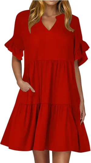 Lmdudan Womens Mini Beach Dress with Pockets 2025 Summer Trendy Dresses Ruffle Short Sleeve V Neck A Line Tiered Flowy Dress